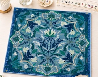 Blue Jade Botanical Mahjong Mat, Floral American Mahjong Playing Mat, Non-Slip Table Protection Cover, SHIPS ROLLED