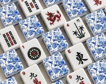 Blue White Mahjong Tiles | 1.4"x1.0"x0.6" Bird Floral American Mahjong Acrylic Tiles | Luxe Mahjong Gift | 166 Piece