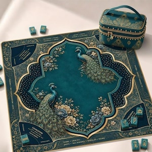 May include: A teal Mahjong mat featuring two peacock illustrations, floral accents, and gold-toned text detailing game rules. A matching teal, gold-patterned carrying case with a handle and zipper closure sits on the mat, alongside several small rectangular Mahjong tiles.