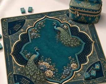Peacock Mahjong Mat with Instructions (Rules), Chinoiserie American Mahjong Playing Mat, Non-Slip Table Protection Cover, SHIPS ROLLED