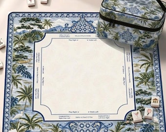 Coastal Chinoiserie Neoprene Mahjong Mat Blue Tropical Palm Design American Mah Jongg Table Mat, Non-Slip Table Cover, SHIPS ROLLED