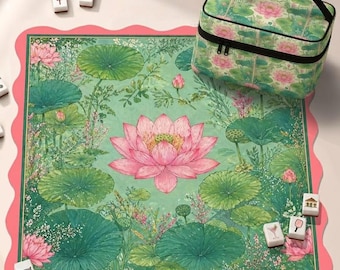 Lotus Pond Neoprene Mahjong Mat, Pink Water Lily Garden Design American Mah Jongg Table Mat, Non-Slip Table Protect Cover, SHIPS ROLLED