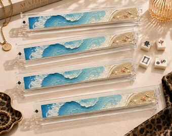 Coastal Mahjong Racks Set 4 – Premium Clear Acrylic Holder for American Mahjong, Personalized Pushers & Tile Holder Set