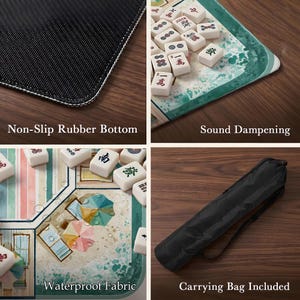 May include: A mahjong mat featuring a beach-themed design with colorful umbrellas and lounge chairs, white mahjong tiles, a non-slip rubber bottom, sound-dampening material, waterproof fabric, and a black carrying bag with a shoulder strap.