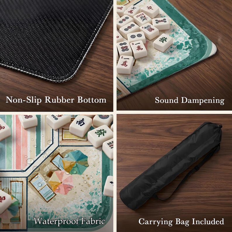 May include: A mahjong mat featuring a beach-themed design with colorful umbrellas and lounge chairs, white mahjong tiles, a non-slip rubber bottom, sound-dampening material, waterproof fabric, and a black carrying bag with a shoulder strap.