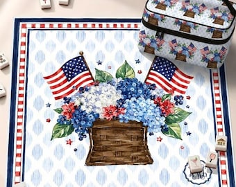 Patriottische hortensia neopreen mahjongmat, Amerikaanse vlag ontwerp Amerikaanse Mah Jongg-tafelmat, antislip tafelbeschermhoes, SCHEPEN OPGEROLD