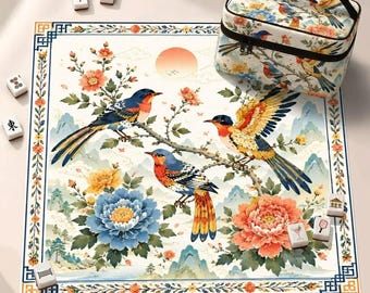 Chinoiserie Bird Garden Mahjong Mat, Floral American Mah Jongg Table Mat, Non-Slip Table Cover, SHIPS ROLLED