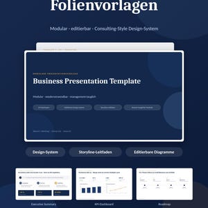 Könnte beinhalten: Eine digitale PowerPoint-Präsentationsvorlage mit 14 Business-Folien. Das dunkelblaue Layout enthält Text wie 14 Business-Folienvorlagen, Business Presentation Template, Design-System, Storyline-Leitfaden und Editierbare Diagramme.