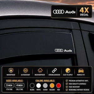 May include: A black Audi decal for a car window, featuring the brand logo and text. The image includes a chart showing features like waterproof, UV resistant, and weatherproof properties, with available sizes of 7.6 cm and 10.2 cm listed.