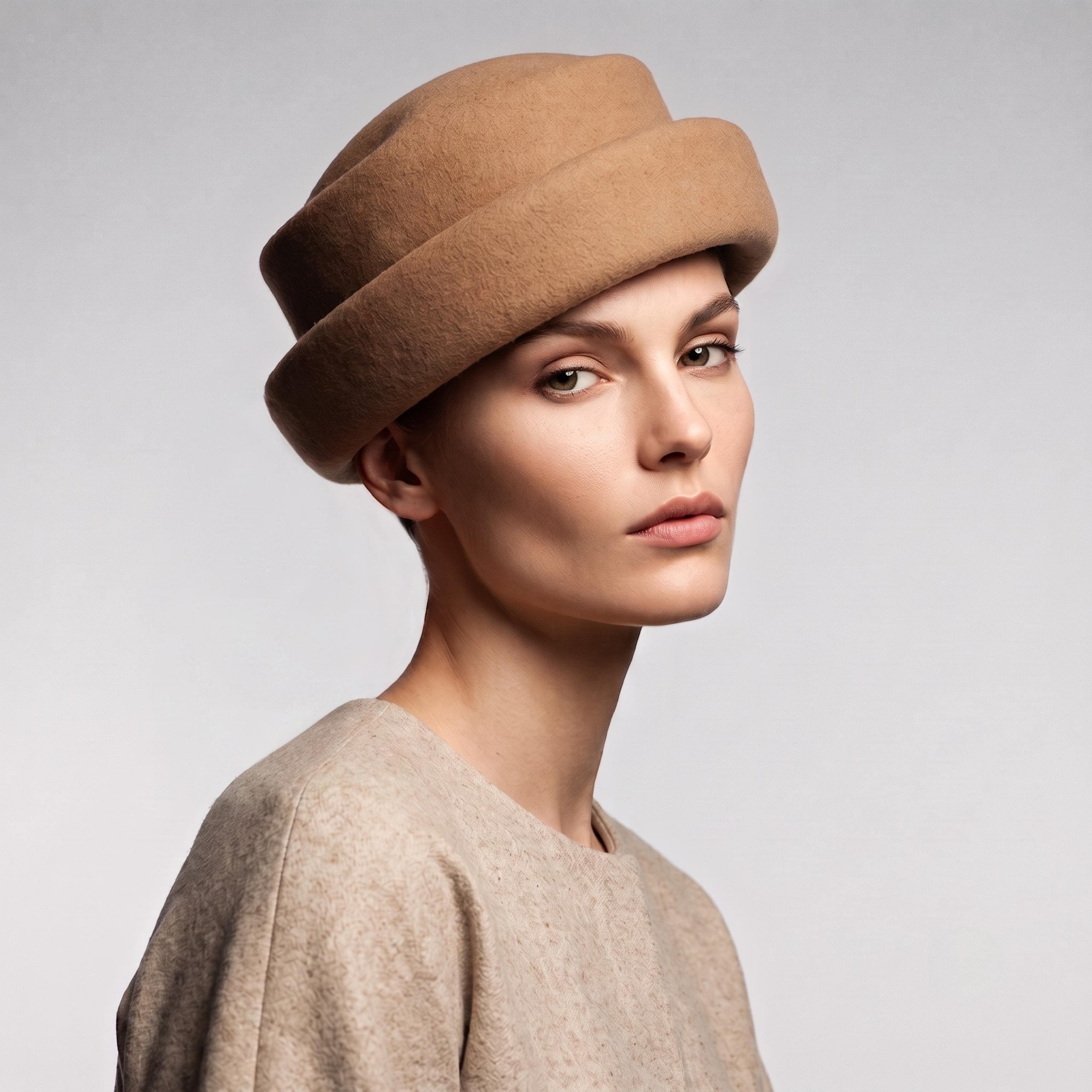 Wool Beret Hat Women, Beige Pillbox Hat, British Retro Felt Hat, Sailor Hat, Elegant Cocktail Wedding Hat, Concave Round Vintage Hat