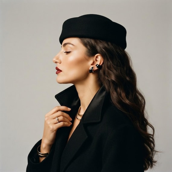 Black Wool Pillbox Hat Women, Winter Wedding Cocktail Beret, Formal Church Funeral Hat, Retro Editorial Photoshoot