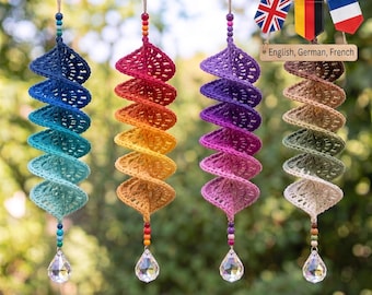 Modèle PDF de girouette au crochet, décoration suspendue en spirale arc-en-ciel, tutoriel de crochet pour débutant, décoration de jardin en perles et cristaux