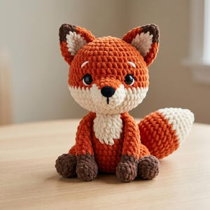 May include: A crocheted fox plush toy featuring a vibrant orange body, a cream-colored chest and muzzle, and dark brown accents on the ears and paws. The fox has large black safety eyes, a small black nose, and a bushy tail with a cream-colored tip.