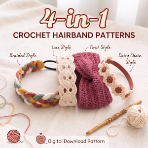 4-in-1 Crochet Headband Pattern, Braided Lace Twist Flower Headband PDF, Easy Boho Hair Accessory,Beginner Crochet Tutorial,Digital Download