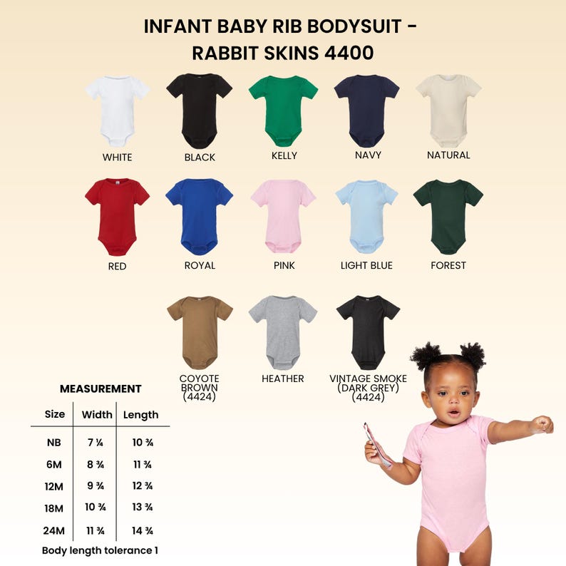 May include: A collection of Rabbit Skins 4400 infant rib bodysuits in white, black, kelly, navy, natural, red, royal, pink, light blue, forest, coyote brown, heather, and vintage smoke, with a size chart showing widths and lengths in inches.