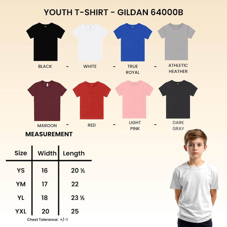 May include: A Gildan 64000B youth t-shirt color chart featuring eight solid colors: black, white, true royal, athletic heather, maroon, red, light pink, and dark gray. Includes a size chart with width and length measurements in inches.