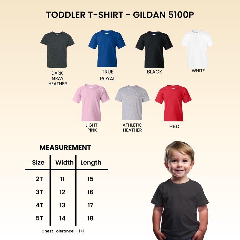 May include: A collection of Gildan 5100P toddler t-shirts in dark gray heather, true royal, black, white, light pink, athletic heather, and red. A measurement chart lists sizes 2T through 5T with widths of 11 to 14 inches and lengths of 15 to 18 inches.