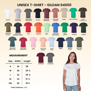 May include: A Gildan 64000 unisex t-shirt color chart displaying thirty-two varied solid and heathered color options with labels. A measurement table lists sizes S through 2XL with width and length in inches. A white t-shirt is shown as an example.