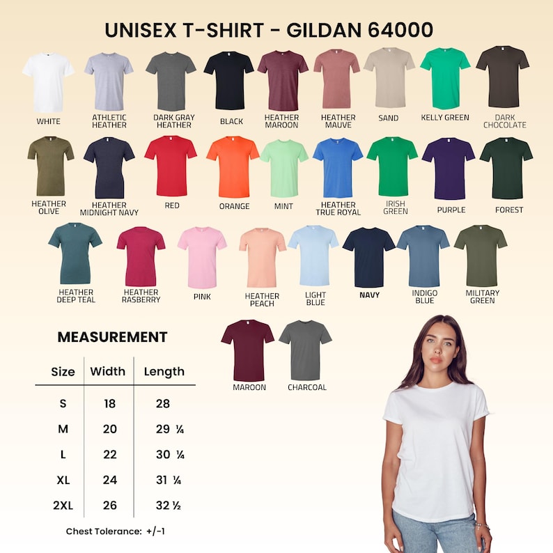 May include: A Gildan 64000 unisex t-shirt color chart displaying thirty-two varied solid and heathered color options with labels. A measurement table lists sizes S through 2XL with width and length in inches. A white t-shirt is shown as an example.