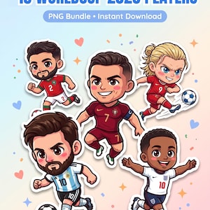 Chibi Soccer Player PNG Bundle 15 Football Stars Clipart Sticker Transparent Background Instant Download