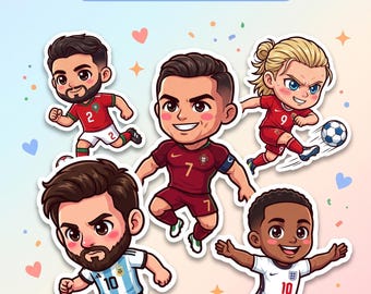 Zestaw Chibi Soccer Player PNG 15 naklejek z gwiazdami futbolu Przezroczyste tło do natychmiastowego pobrania