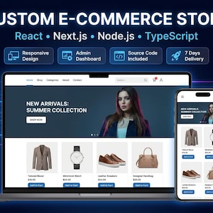 Może przedstawiać: Laptop i smartfon wyświetlające niestandardowy sklep internetowy z tekstem "CUSTOM E-COMMERCE STORE", "React", "Next.js", "Node.js" oraz "TypeScript". Ekran prezentuje letnią kolekcję z marynarką, zegarkiem, sneakersami i torebką.