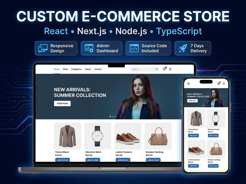 Może przedstawiać: Laptop i smartfon wyświetlające niestandardowy sklep internetowy z tekstem "CUSTOM E-COMMERCE STORE", "React", "Next.js", "Node.js" oraz "TypeScript". Ekran prezentuje letnią kolekcję z marynarką, zegarkiem, sneakersami i torebką.