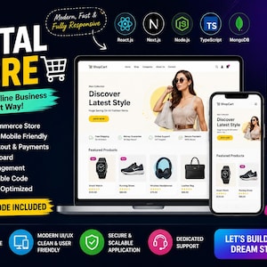 Może przedstawiać: Reklama usługi sklepu cyfrowego z laptopem i smartfonem wyświetlającymi interfejs witryny e-commerce. Grafika zawiera tekst, taki jak Custom Digital Store, Build Your Online Business The Smart Way oraz Source Code Included, wraz z ikonami dla React.js, Next.js, Node.js, TypeScript i MongoDB.