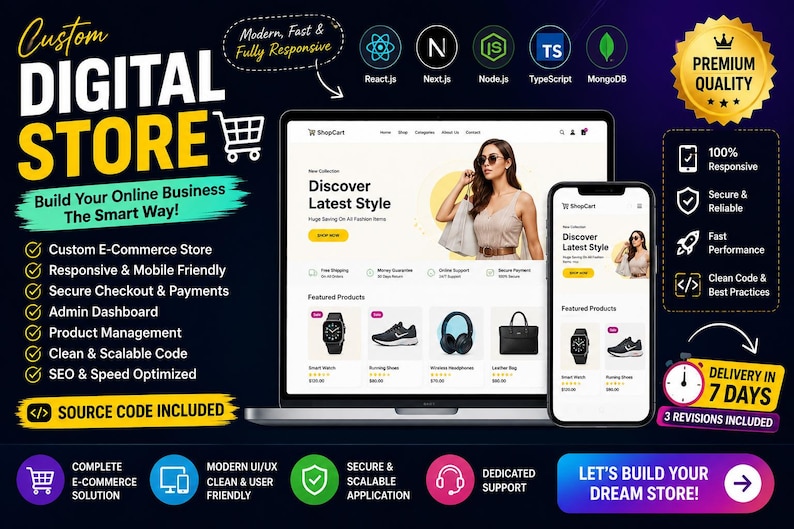 Może przedstawiać: Reklama usługi sklepu cyfrowego z laptopem i smartfonem wyświetlającymi interfejs witryny e-commerce. Grafika zawiera tekst, taki jak Custom Digital Store, Build Your Online Business The Smart Way oraz Source Code Included, wraz z ikonami dla React.js, Next.js, Node.js, TypeScript i MongoDB.
