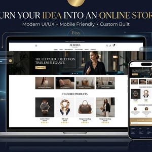 Może przedstawiać: Laptop i smartfon wyświetlające stronę e-commerce o nazwie Aurora Luxury. Ekran pokazuje menu nawigacyjne, baner z tekstem The Elevated Collection oraz siatkę produkt&oacute;w, w tym zegarek, szalik i torebkę.