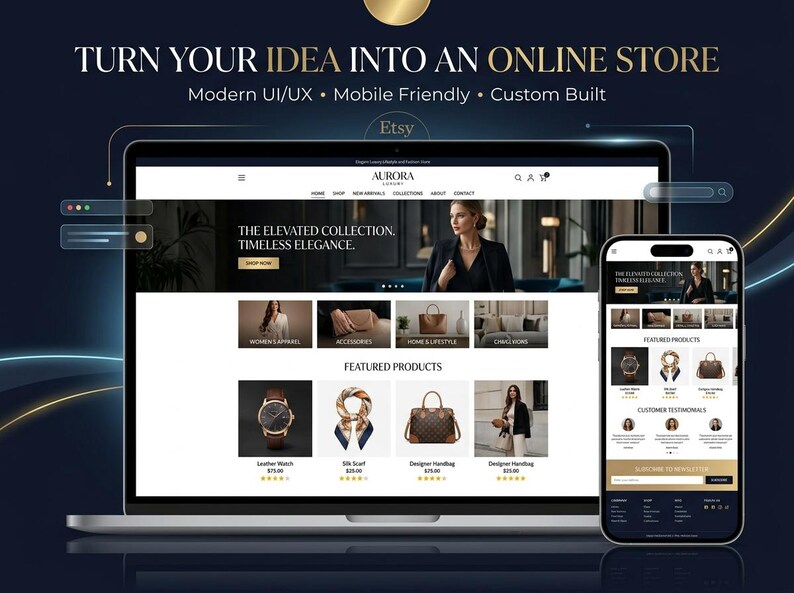 Może przedstawiać: Laptop i smartfon wyświetlające stronę e-commerce o nazwie Aurora Luxury. Ekran pokazuje menu nawigacyjne, baner z tekstem The Elevated Collection oraz siatkę produkt&oacute;w, w tym zegarek, szalik i torebkę.
