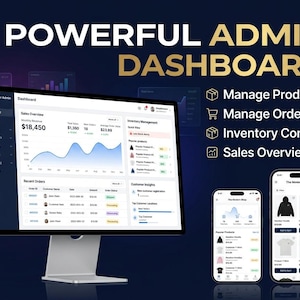 Może przedstawiać: Monitor komputerowy i dwa smartfony z interfejsem oprogramowania zatytułowanym POWERFUL ADMIN DASHBOARD. Ekran pokazuje wykresy sprzedaży, listy zam&oacute;wień i narzędzia do zarządzania zapasami. Tekst zawiera Manage Products, Manage Orders, Inventory Control i Sales Overview.