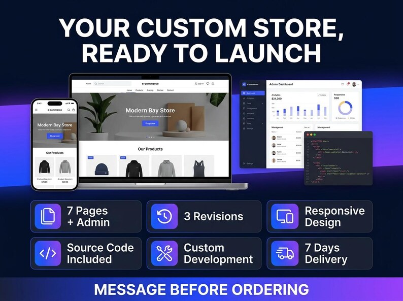 Może przedstawiać: Cyfrowy wyświetlacz prezentujący interfejs sklepu e-commerce na smartfonie, laptopie i panelu administratora. Tekst zawiera "YOUR CUSTOM STORE, READY TO LAUNCH," "7 Pages + Admin," "3 Revisions," "Responsive Design," "Source Code Included," "Custom Development," "7 Days Delivery," oraz "MESSAGE BEFORE ORDERING."