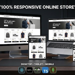 Może przedstawiać: Komputer stacjonarny, laptop, tablet i smartfon wyświetlające responsywny sklep internetowy o nazwie ECOMERCH z tekstem 100% RESPONSIVE ONLINE STORE, DESKTOP TABLET MOBILE oraz pięcioma ikonami technologicznymi u dołu ekranu.