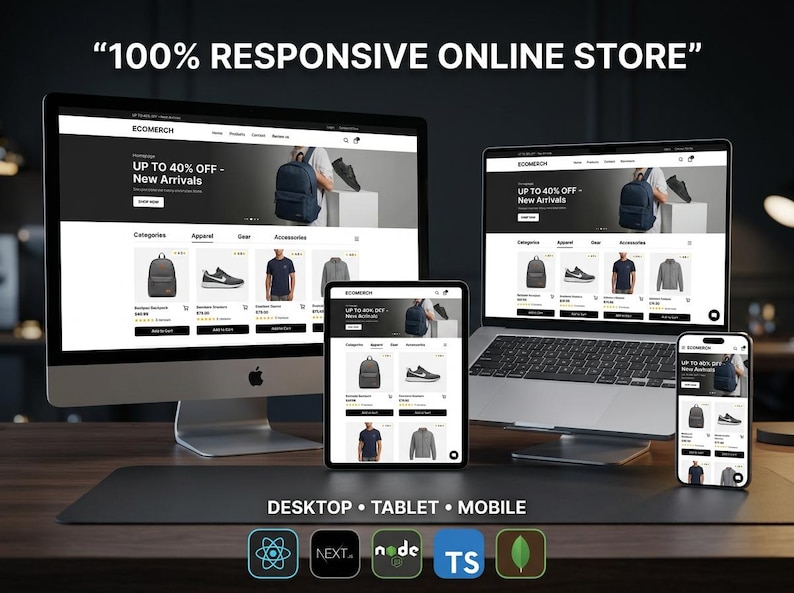 Może przedstawiać: Komputer stacjonarny, laptop, tablet i smartfon wyświetlające responsywny sklep internetowy o nazwie ECOMERCH z tekstem 100% RESPONSIVE ONLINE STORE, DESKTOP TABLET MOBILE oraz pięcioma ikonami technologicznymi u dołu ekranu.