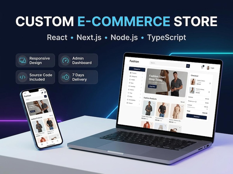Może przedstawiać: Laptop i smartfon z interfejsem sklepu internetowego z modą. Tekst zawiera napisy CUSTOM E-COMMERCE STORE, React, Next.js, Node.js, TypeScript, Responsive Design, Admin Dashboard, Source Code Included oraz 7 Days Delivery.
