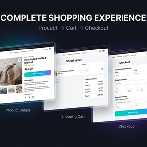 Może przedstawiać: Cyfrowa grafika z tekstem COMPLETE SHOPPING EXPERIENCE oraz Product to Cart to Checkout. Przedstawia trzy okna przeglądarki z widokiem strony produktu z ręcznie robionym kocem, koszyka zakupowego oraz formularza płatności.