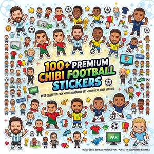 以下が含まれることがあります： 100種類以上のちびキャラ風サッカーシールコレクション。各国のユニフォームを着た選手、審判、サッカーボール、トロフィー、ホイッスル、VARモニターなどが描かれています。中央のテキストは「100+ PREMIUM CHIBI FOOTBALL STICKERS」です。