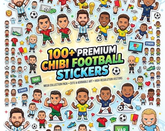 Pakiet 114 naklejek Chibi Football PNG, pakiet naklejek Chibi Messi i Ronaldo, do użytku komercyjnego, grafika piłkarska do kubka Cricut
