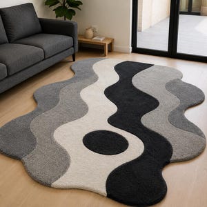 Hand Tufted Wool Rug, Abstract Organic Shape, Modern Black White Gray Carpet
