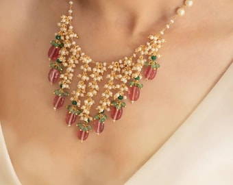 Pink Tourmaline Pearl Choker Necklace, Gold Plated Indian Bridal Jewelry, Boho Chic Gemstone Drops