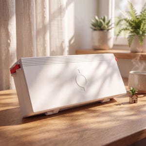 May include: A rectangular white storage case with a smooth finish and horizontal ribbed detailing along the top edge. The case features a circular embossed logo in the center and small red latch accents on the sides, resting on a flat surface.