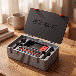 Puede incluir: Un estuche de almacenamiento de plástico gris con tapa abatible que presenta el logotipo de Nintendo Switch 2 en relieve. El interior contiene compartimentos moldeados con un adaptador de corriente negro con detalles rojos y dos mandos delgados.
