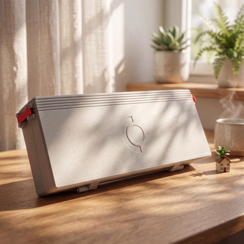 May include: A rectangular, light gray, hard-shell carrying case with a textured finish and horizontal ribbed detailing along the top edge. The case features a circular embossed logo in the center and small, bright red latch accents on the sides.