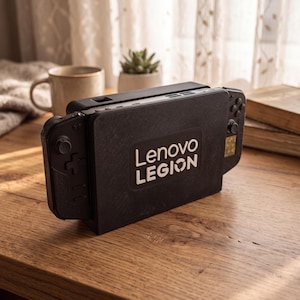 Op de afbeelding: Een zwarte Lenovo Legion handheld gameconsole met afneembare controllers aan beide zijden, een centrale schermbehuizing en het witte Lenovo Legion-logo op het voorpaneel, met zichtbare poorten en knoppen aan de bovenzijde.