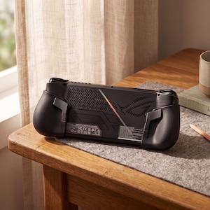 May include: A black handheld gaming console featuring a textured grip on both sides, a diagonal iridescent stripe across the back, and a ventilation pattern. The rear casing displays the ROG logo and various regulatory text and certification icons.