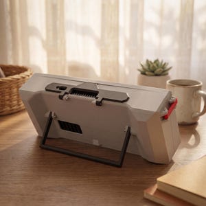 May include: A light gray rectangular electronic device with a black kickstand, a black top-mounted bracket, and a small red accent piece on the side. The device features a ventilation grille on the back and is positioned at an angle on a surface.