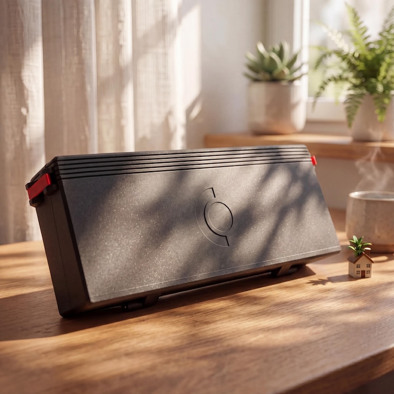 May include: A rectangular black storage case with a textured finish and a circular logo embossed in the center. The case features horizontal ridges along the top edge and small red accents on the side latches, presenting a sleek, solid design.