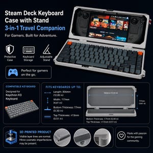 May include: A light gray 3-in-1 Steam Deck keyboard case with an adjustable stand, keyboard storage, and protective shell. It fits keyboards up to 12.05 inches long, 4.61 inches wide, 0.30 inches bottom thickness, and 0.51 inches top thickness.