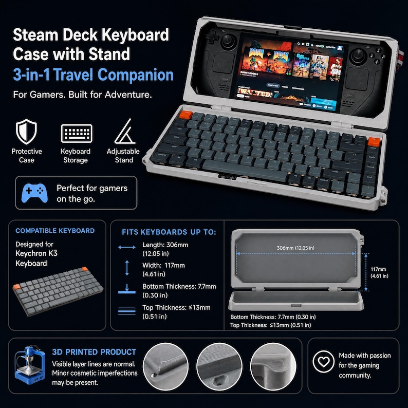 May include: A light gray 3-in-1 Steam Deck keyboard case with an adjustable stand, keyboard storage, and protective shell. It fits keyboards up to 12.05 inches long, 4.61 inches wide, 0.30 inches bottom thickness, and 0.51 inches top thickness.